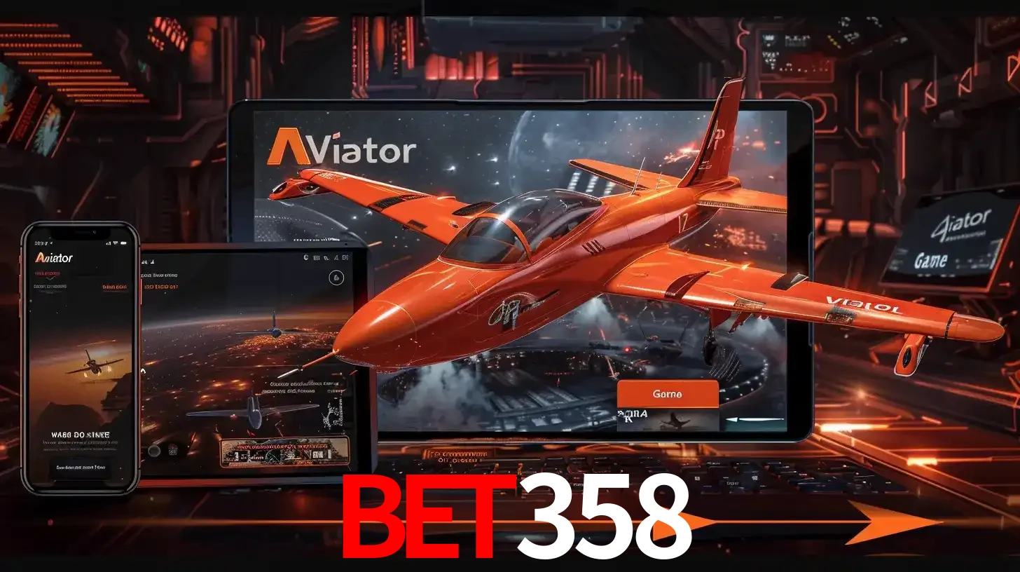 Apresentação tecnológica do jogo Aviator com um avião saindo da tela de um tablet, demonstrando a experiência imersiva em múltiplos dispositivos no BET358.