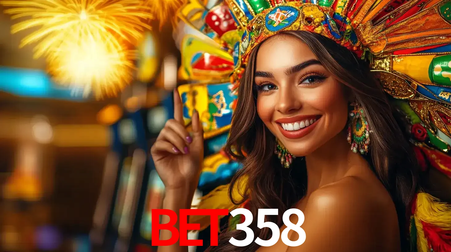 Mulher sorridente com um cocar de carnaval vibrante e colorido, celebrando uma grande vitória nos jogos do cassino BET358 com fogos de artifício ao fundo.
