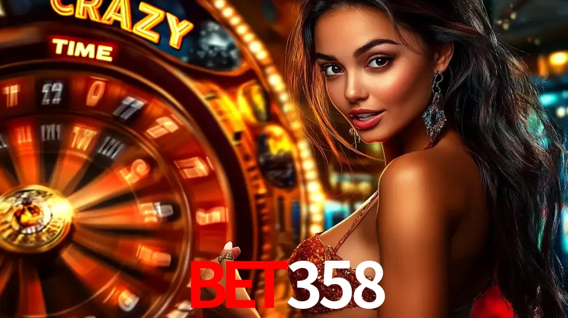Mulher ao lado da roda de prêmios do jogo de cassino ao vivo Crazy Time, um dos shows de jogos mais emocionantes oferecidos pela plataforma de apostas BET358.