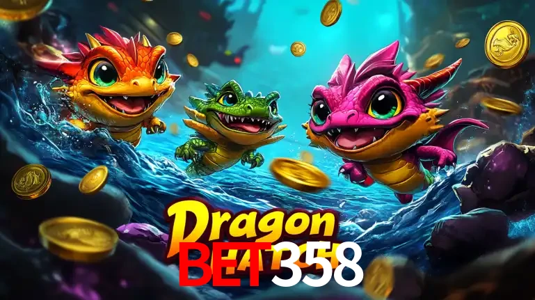 Arte promocional do jogo Dragon Hatch com três adoráveis dragões bebês nadando entre moedas de ouro, um dos slots mais divertidos para jogar no cassino BET358.