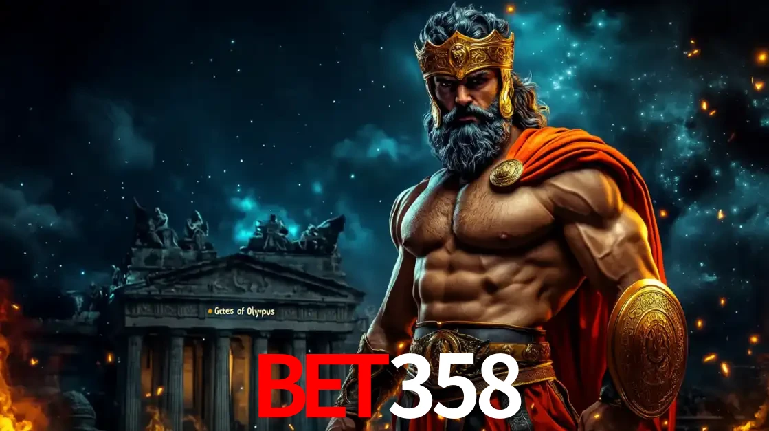 O poderoso Zeus do jogo de slot Gates of Olympus em frente ao seu templo, pronto para lançar multiplicadores divinos e prêmios épicos no cassino online BET358.