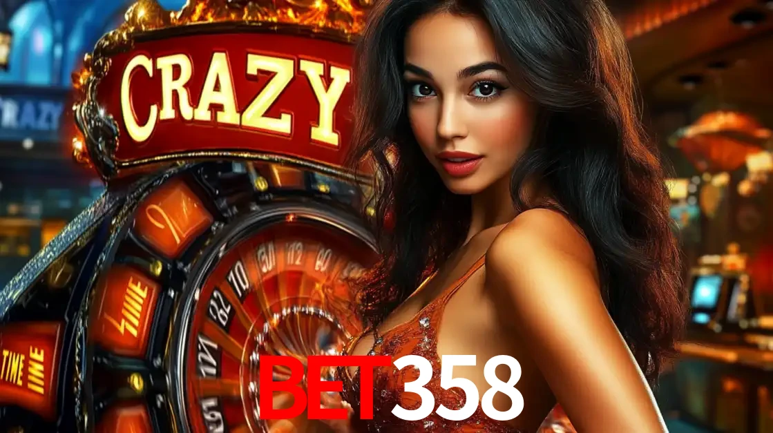 Mulher glamourosa olhando para a câmera com a roda vermelha do Crazy Time ao fundo em um ambiente de cassino, destacando a emoção dos jogos ao vivo no BET358.