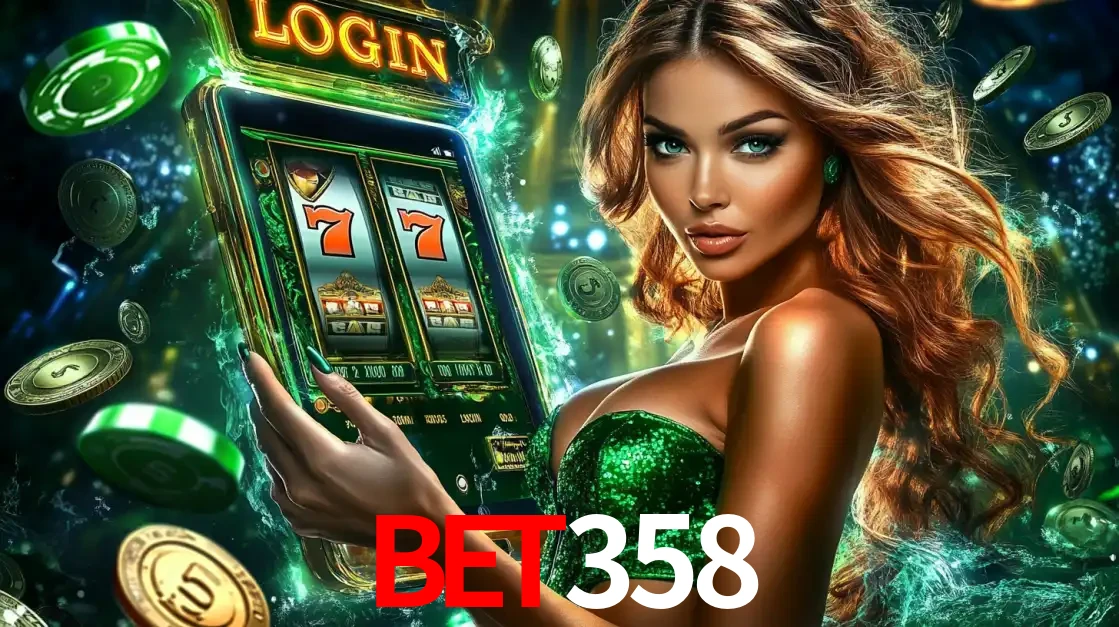 Mulher com tema verde apresentando o aplicativo do cassino BET358 com um jogo de slot de 777, cercada por fichas de cassino e uma aura de sorte.