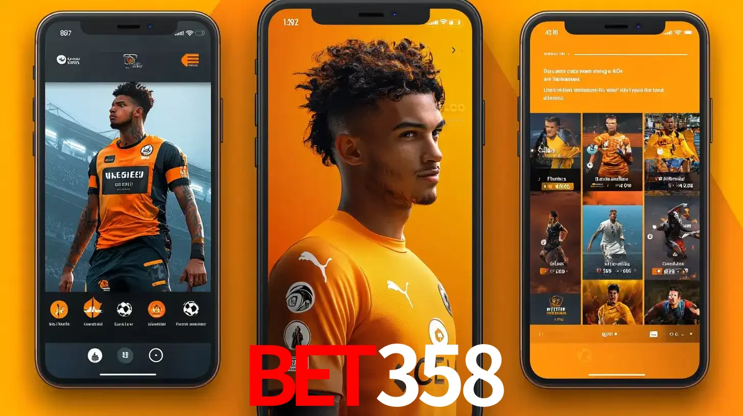 Interface do aplicativo de apostas esportivas BET358 em três telas de celular, mostrando o perfil de um jogador de futebol e a lista de jogos disponíveis para apostar.