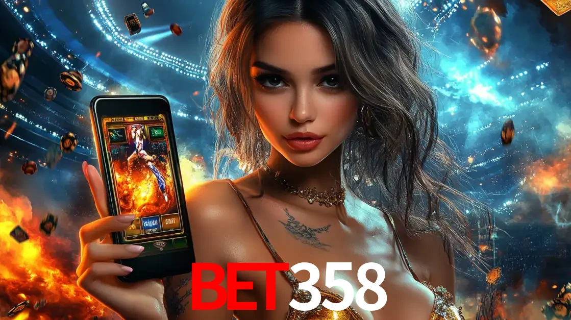 Mulher segurando um celular com um jogo de slot em destaque, tendo como fundo um estádio vibrante, simbolizando a emoção de jogar no cassino móvel BET358.